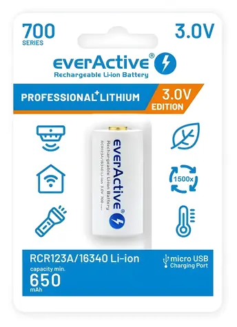 Akumulátor 16340 3V 700 mAh / Nabíjecí baterie / Li-ion / Micro-USB nabíjení
