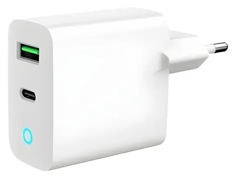 Síťová nabíječka USB-A + USB-C 20W bílá / Nabíječka / LED kontrolka / PD / QC3.0