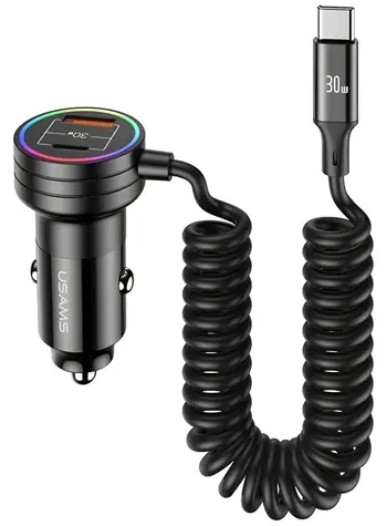 USAMS US-CC167 černá / Autonabíječka / 2x USB-C + 1x USB-A / 60W / s kabelem USB-C / Rychlé nabíjení