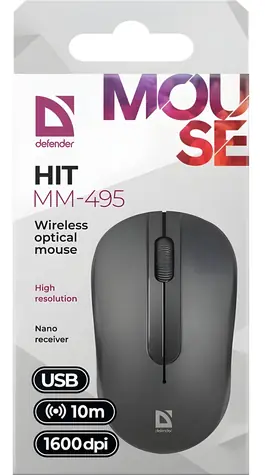 Defender HIT MM-495 černá / Bezdrátová optická myš / 1600 DPI / 2 tlačítka / USB