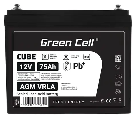 Green Cell AGM12V75AH-J / Olověný akumulátor VRLA AGM / 12V / 75Ah / IP54