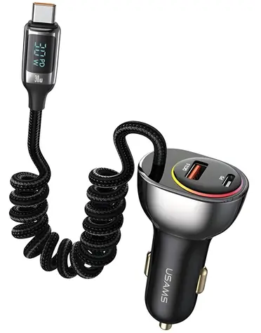 USAMS CC192 + USB-C kabel černá / Autonabíječka / 60W / 1x USB / 1x Type-C / PD 30W