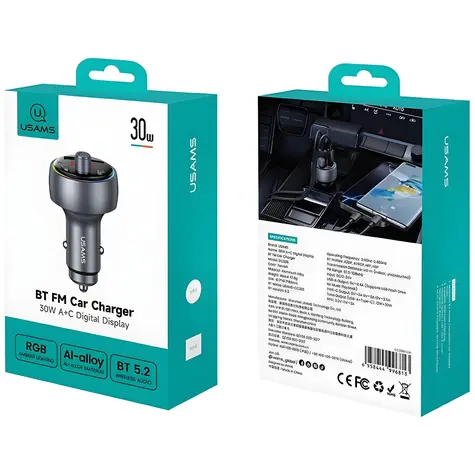 USAMS CC328 kouřová / Autonabíječka / Bluetooth FM transmitter / 30W / USB-A / USB-C