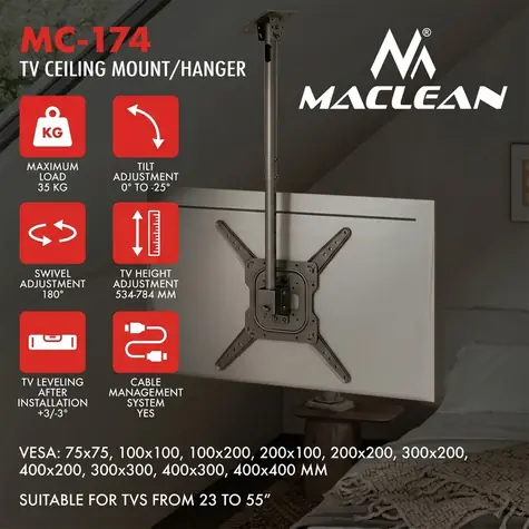 Maclean MC-174 černá / Stropní držák pro TV / 23-55