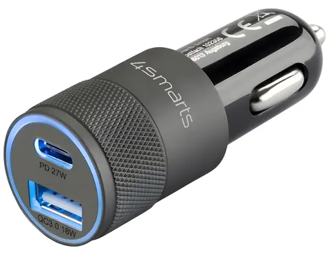 4smarts Rapid+ 27W Quick Charge PD černo-šedá / Autonabíječka / USB-C / USB-A / Power Delivery / Quick Charge 3.0