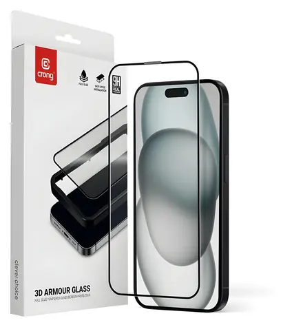 Crong 3D Armour Glass / Ochranné sklo / tvrzené 9H / pro Apple iPhone 15/16 / s instalačním rámečkem