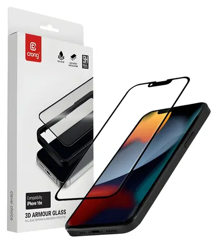 Crong 3D Armour Glass / Ochranné sklo / tvrzené / Apple iPhone 17e, 16e, 14, 13, 13 Pro / instalační rámeček