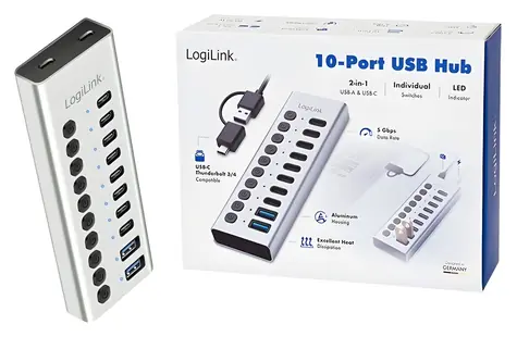 USB Hub 10 portů USB-A/C / USB rozbočovač / USB 3.2 / Přepínač zapnutí/vypnutí portů