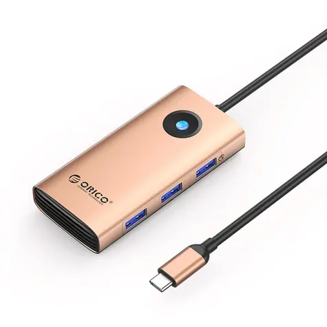 Orico USB-C Hub 6v1 růžovo-zlatá / Dokovací stanice / 3x USB-A 3.0 / USB-C PD 100W / HDMI 4K 30Hz / RJ45 2.5G