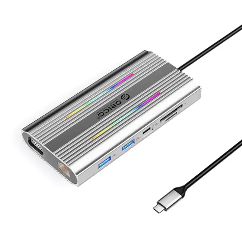 Orico USB-C Hub 12v1 RGB stříbrná / Dokovací stanice / 3x USB-A / USB-C PD 100W / HDMI 4K / VGA / RJ45 Gigabit