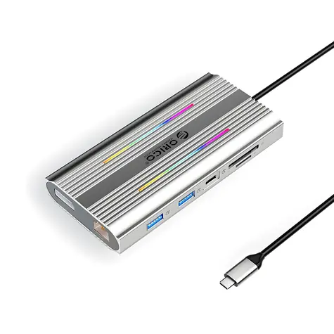 Orico dokovací stanice 12v1 RGB stříbrná / USB-C PD 100W / 2x HDMI 4K60Hz / DisplayPort 4K60Hz / RJ45