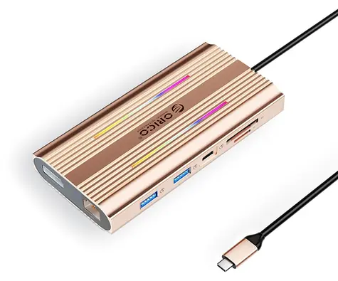 Orico USB-C Hub 12v1 růžovo-zlatá / USB-C hub / RGB / PD 100W / 2x HDMI 4K60Hz / DP 4K60Hz / RJ45