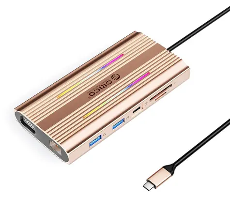 Orico USB-C Hub 12v1 RGB růžovo-zlatá / Dokovací stanice / 3x USB-A / USB-C PD 100W / HDMI 4K / VGA / RJ45 Gigabit