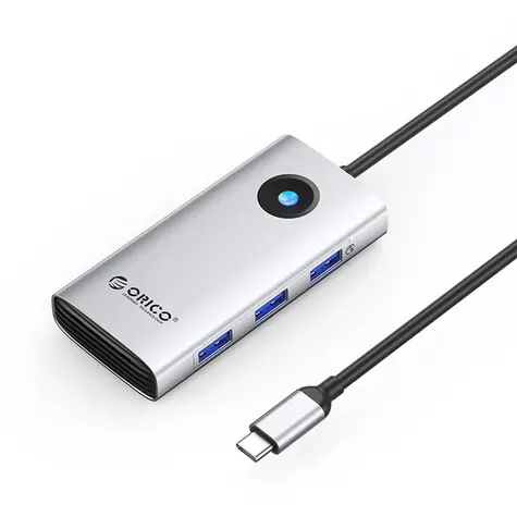 Orico USB-C hub 6v1 stříbrná / USB-C hub / 3x USB-A 3.0 / USB-C PD 100W / HDMI 4K 30Hz / RJ45 2.5G Ethernet
