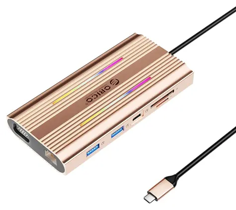 Orico USB-C hub 12v1 RGB růžovo-zlatá / USB hub / PD 100W / 2x HDMI 4K 60Hz / VGA / RJ45 Gigabit / 2x USB-A