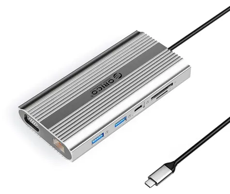 Orico USB-C hub 12v1 stříbrná / Dokovací stanice / USB-C PD 100W / HDMI 4K / VGA / RJ45 Gigabit