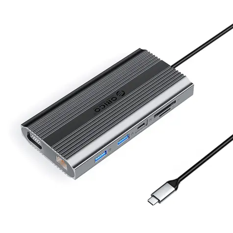 Orico USB-C hub 12v1 šedá / USB-C hub / USB-C PD 100W / HDMI 4K / VGA / RJ45 Gigabit