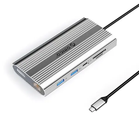 Orico dokovací stanice 12v1 stříbrná / USB-C PD 100W / 2x HDMI 4K60Hz / DisplayPort 4K60Hz / RJ45
