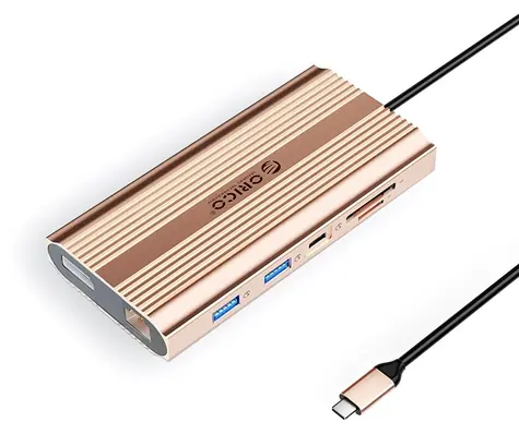 Orico USB-C Hub 12v1 růžovo-zlatá / USB-C hub / PD 100W / 2x HDMI 4K60Hz / DP 4K60Hz / RJ45 Gigabit