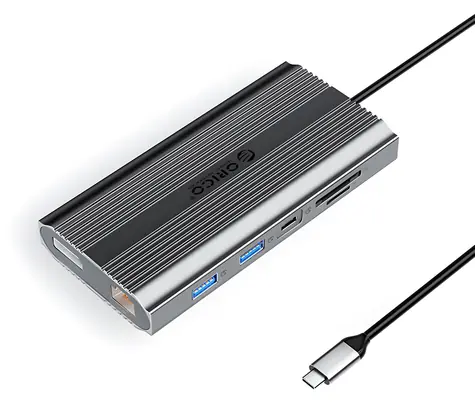 Orico dokovací stanice 12v1 šedá / USB-C PD 100W / 2x HDMI 4K60Hz / DisplayPort 4K60Hz / RJ45