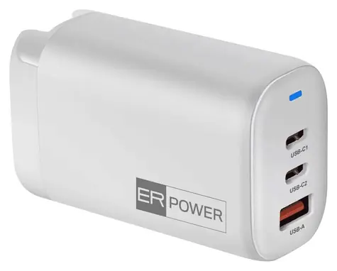 ER Power 65W bílá / Napájecí adaptér / GaN / 2x USB-C + USB-A / UK, EU vidlice
