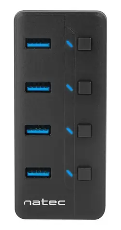 Natec Mantis 2 černá / USB rozbočovač / 4x USB 3.0 / aktivní / vypínače portů / napájecí adaptér