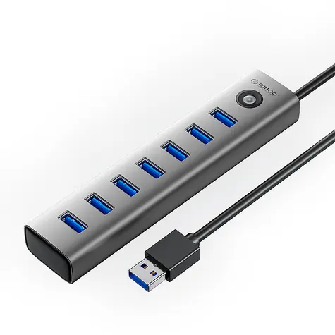 Orico USB Hub 7x USB-A šedá / USB hub / 7x USB-A 3.0 / nabíjecí port USB-C 5V/3A / kabel 1 m