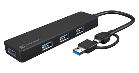 Natec MAYFLY černá / USB rozbočovač / 4x USB-A 3.0 / USB-C adaptér