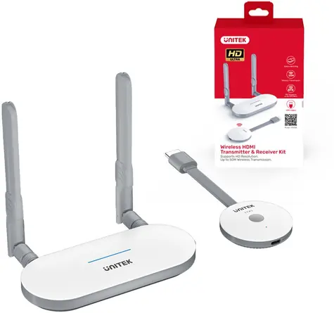 Unitek bezdrátový přenos HDMI bílá / Bezdrátový vysílač a přijímač HDMI / dosah 50 m