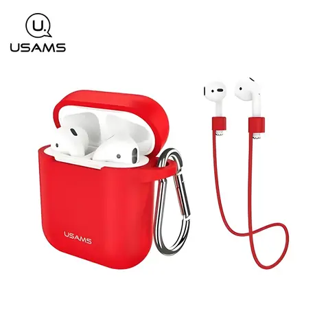 USAMS BH423 červená / Pouzdro pro AirPods / Silikonové / Poutko a karabina