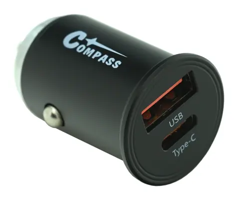 Compass Zástrčka do autozásuvky nízkoprofilová / Nabíječka / 12/24 V / USB-A QC3.0 + USB-C PD3.0 / 30 W