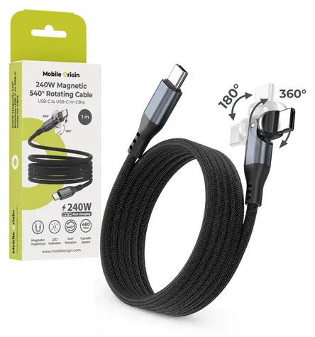 Mobile Origin CB14 vesmírně šedá / Rotační kabel / USB-C - USB-C / 540° otočný konektor / 240 W PD 3.1 / 1 m