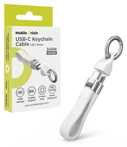 Mobile Origin CB17 bílá / Klíčenkový kabel / USB-C - USB-C / 40 Gbps / 240 W PD 3.1 / 8K 60Hz / 13 cm