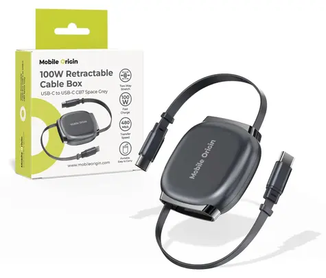 Mobile Origin CB7 Space Grey / Samonavíjecí kabel / USB-C na USB-C / 100 W / 1 m