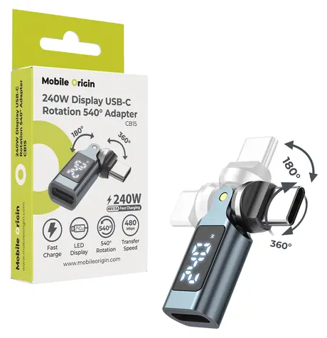 Mobile Origin CB15 / Otočný adaptér s displejem / USB-C / 240W / rotace 540°