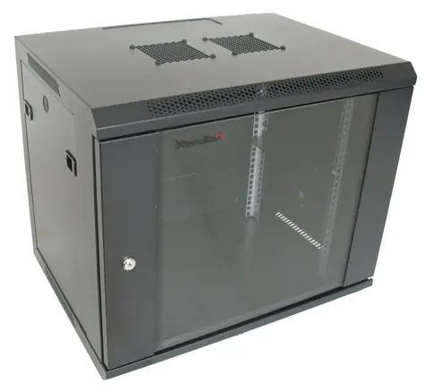 XtendLan 9U 600×450 mm černá / Nástěnný rozvaděč / jednodílný / skleněné dveře / nosnost 60 kg
