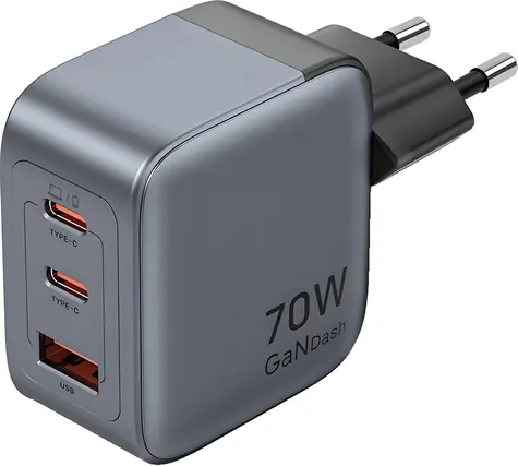 Vention nabíječka GaN 70W šedá / Nabíječka / 2x USB-C / 1x USB-A / PD