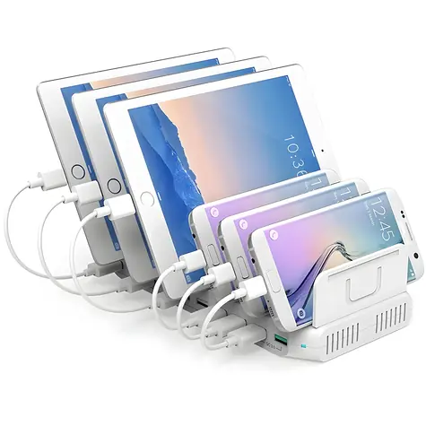 Unitek Y-2190A bílá / Nabíjecí stanice / 10x USB / 96W / QC 3.0 / Bezdrátové nabíjení