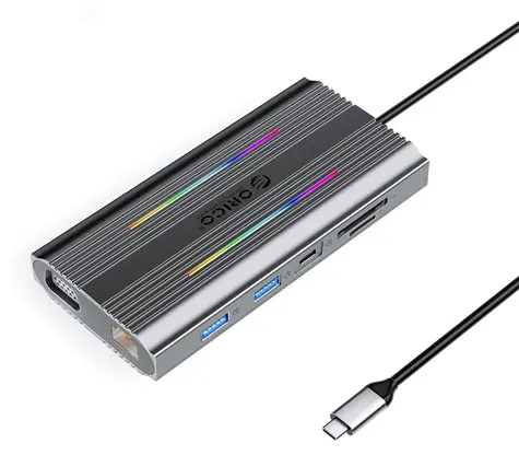 Orico USB-C Hub 12v1 RGB šedá / Dokovací stanice / USB-C / PD 100W / HDMI 4K / VGA / RJ45 Gigabit