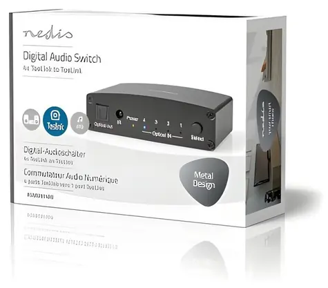 Nedis TosLink audio přepínač 4x1 černý / Audio přepínač / 4x TosLink vstup / Kovové tělo / Dálkové ovládání