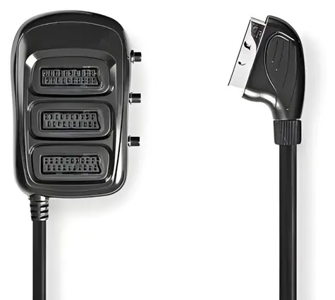 Nedis SCART rozbočovač černá / Rozbočovač / 1x SCART zástrčka / 3x SCART zásuvka / spínací / 0,5 m