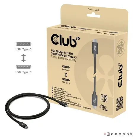 Club3D Kabel USB4 v2 Typ-C černá 1,2 m / Kabel / USB4 v2 / 80 Gbit/s / PD 240W / 4K 540Hz