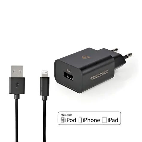 Nedis 12W černá / Síťová nabíječka / USB-A / 2,4 A / kabel Lightning 1 m