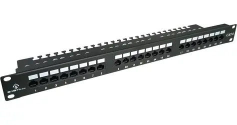 Patch panel UTP Cat.6 24 portů černý / Patch panel / 1U / RJ-45 / LSA / s policí