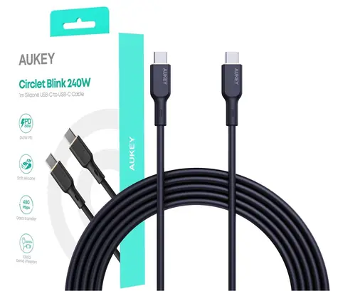 Aukey CB-SCC241 černá / Nabíjecí kabel USB-C - USB-C / 240 W PD / 5 A / nylonový oplet