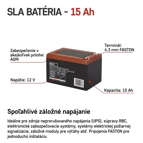 EMOS Bezúdržbový olověný akumulátor 12 V (B9656V) / 12 Ah / Faston 6,3 mm