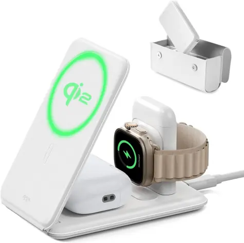 ESR Travel 3v1 bílá / Skládací cestovní nabíječka / Qi2 / pro telefon, hodinky a sluchátka