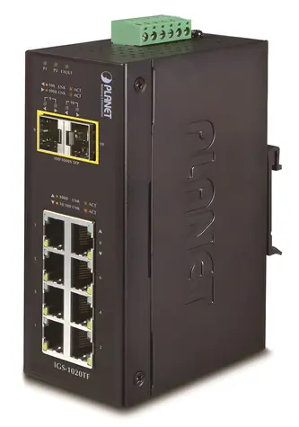 Planet IGS-1020TF / Switch průmyslový / 8x 1Gb RJ-45 / 2x SFP / -40 až 75°C / IP30