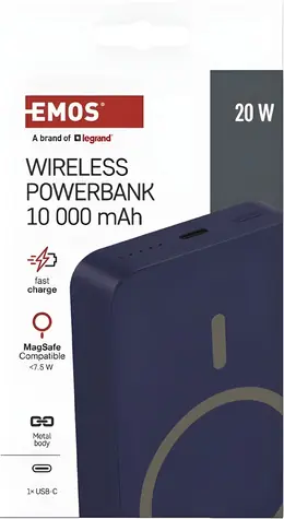 EMOS WI 1046 modrá / Powerbanka / 10 000 mAh / bezdrátové nabíjení 20 W / USB-C
