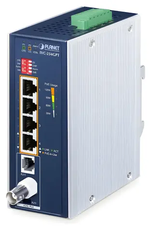 Planet IVC-234GPT / VDSL2 mediakonvertor průmyslový / 4x GLAN PoE+ 802.3at / profil 17a/30a/35b / G.Vectoring / G.INP